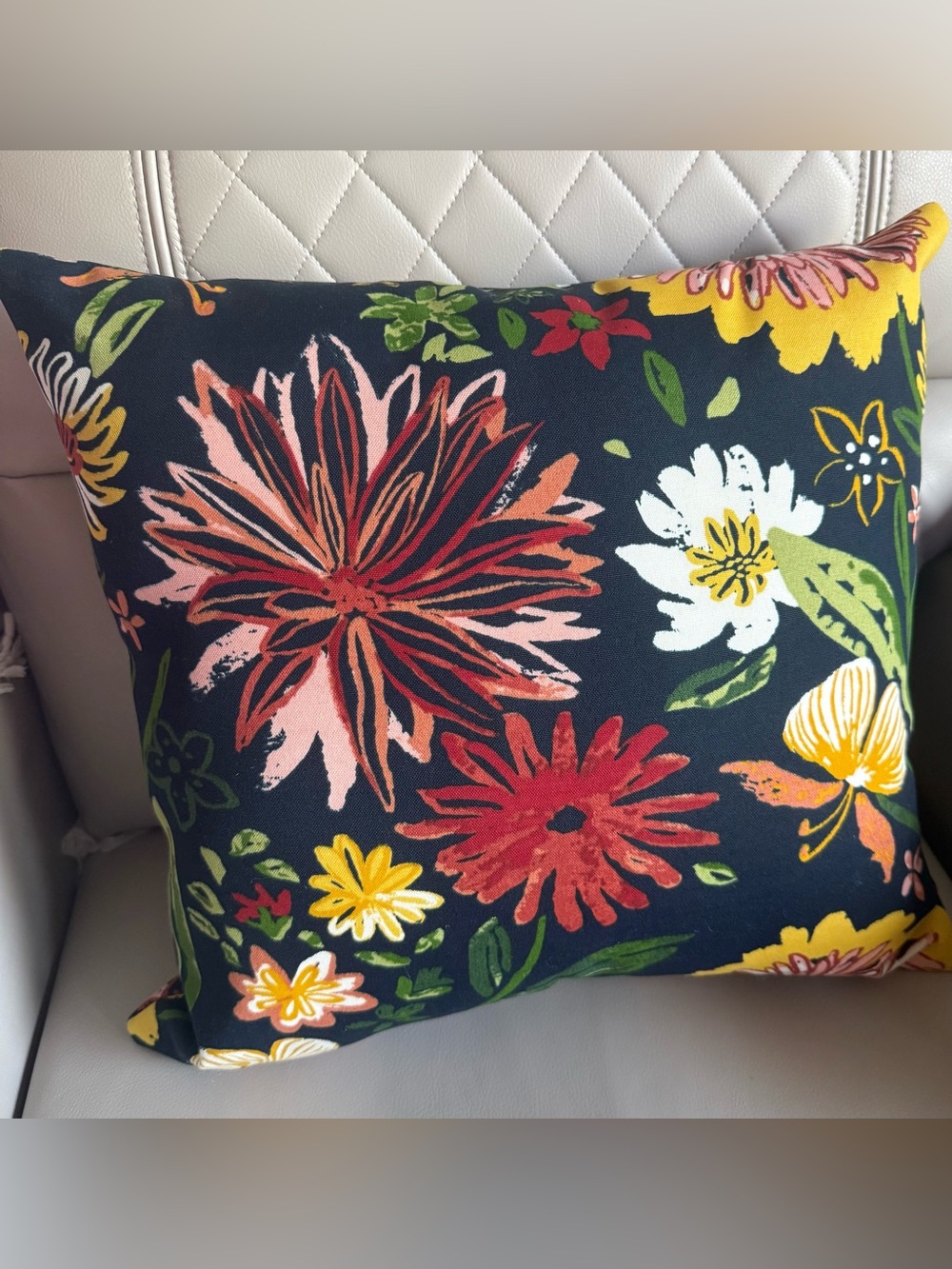 Pottery Barn Accent Pillow Navy Floral Bright Colored Blooms Indoor Outdoor EUC